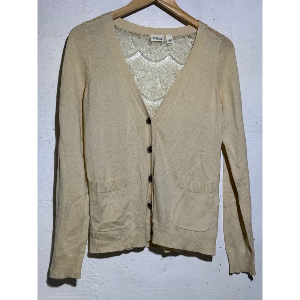 Cato Womens Small Cream Lace Back Button Front Cardigan Sweater Cotton Blend